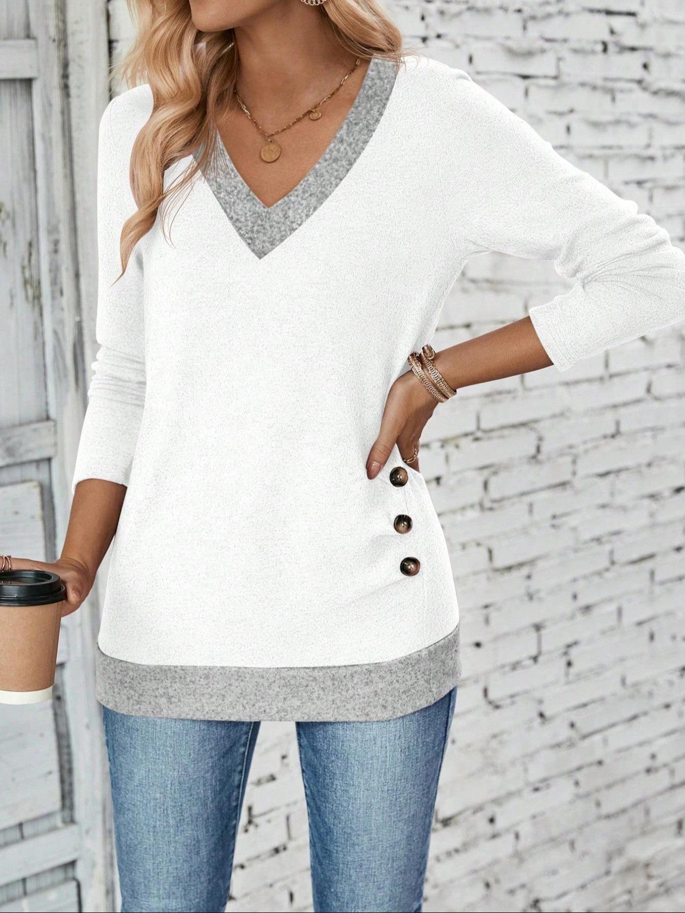 Women's V Neck Colorblock Long Sleeve Shirt Vibrant Design Autumn Winter Casual Outerwear Color Contrast Style Comfortable Woven Fabric