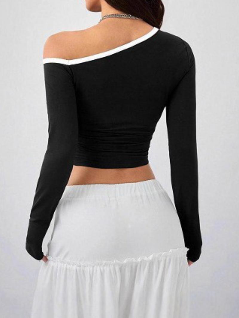 Women's Fashion Colorblock Asymmetrical Neck Off-Shoulder Slim Fit Long Sleeve Top, Stylish Casual Wear for Spring & Fall