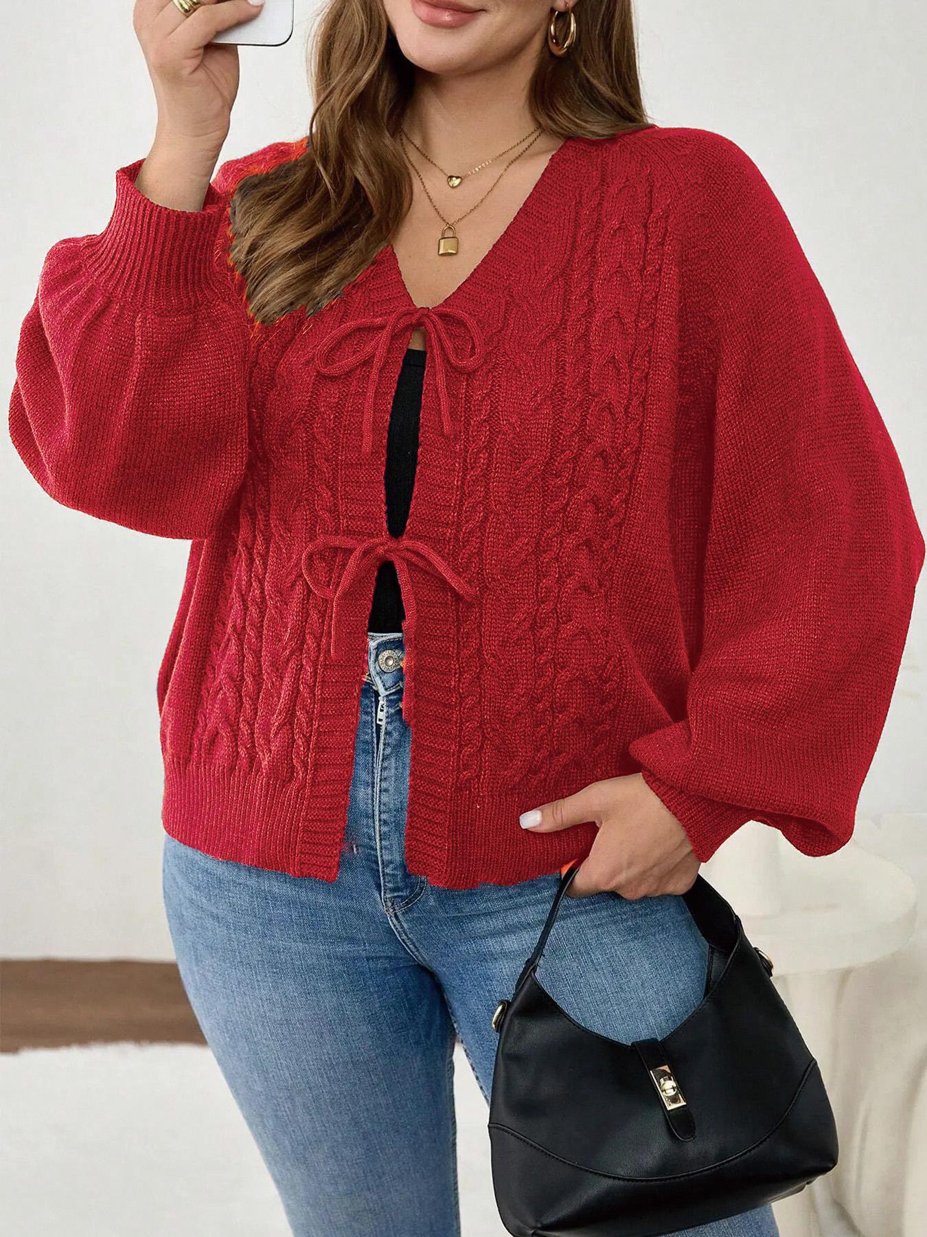 Plus Size Women's Blue V Neck Knit Cardigan Knitwear, Casual Long Sleeve Pullover, Fall & Winter Fashion, Comfortable Plain Design