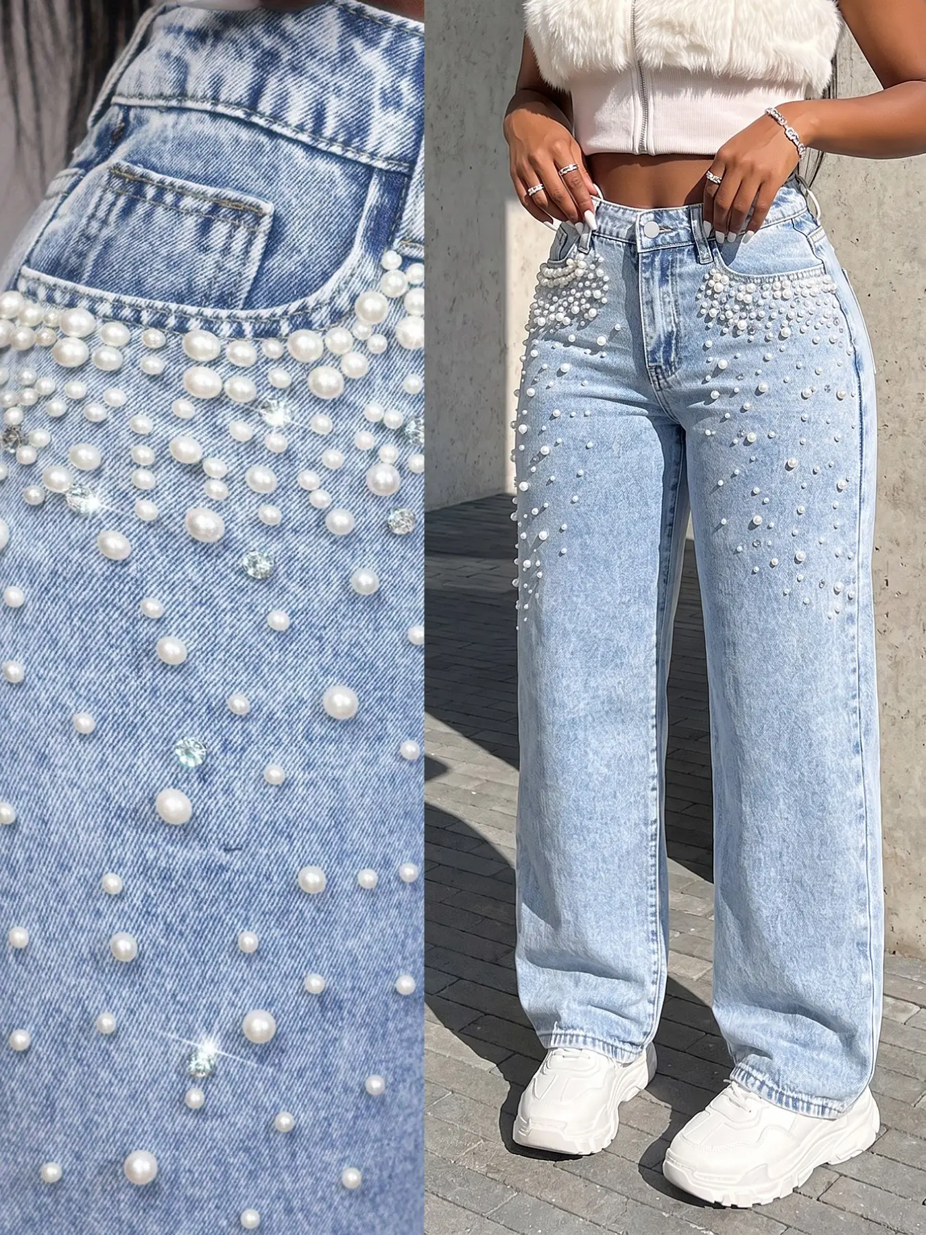 Women's Rhinestone Embellished Straight Leg Jeans, Light Blue Snowflake Design, Multi-Pocket, Casual Party Fashion, Elegant and Versatile, Denim