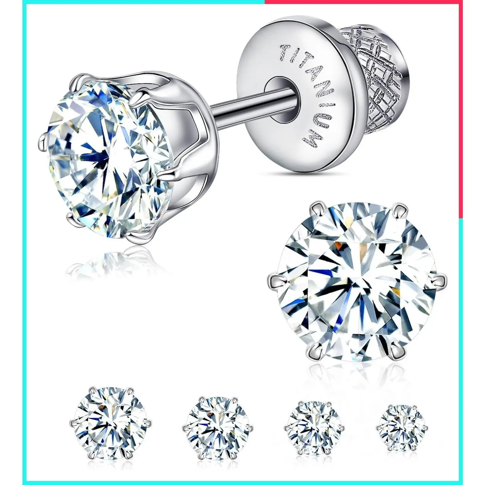 Implant Grade Titanium 6 Prong CZ Flat Back Screw Back Earrings - Hypoallergenic & Nickel-Free for Sensitive Ears, Pain-Free Sleep & Shower Wear, Stylish Studs Gift for Women Men