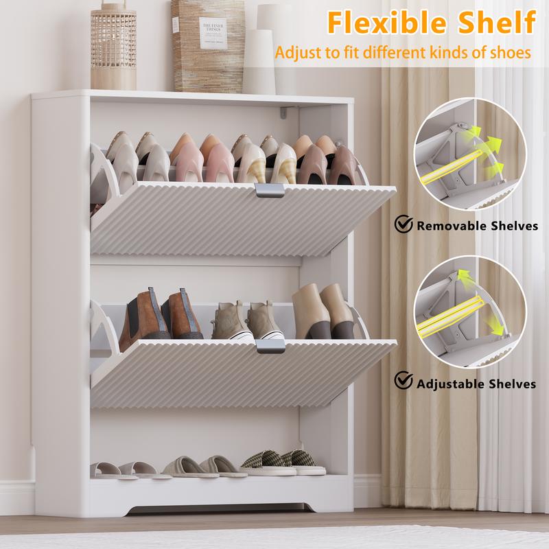 Shoe Cabinet Storage for Entryway with 2 Flip Drawers, Black Fluted Shoe Cabinet with Open Storage, Wooden Hidden Shoe Rack Freestanding Narrow Slim Shoes Organizer for Hallway, Entrance