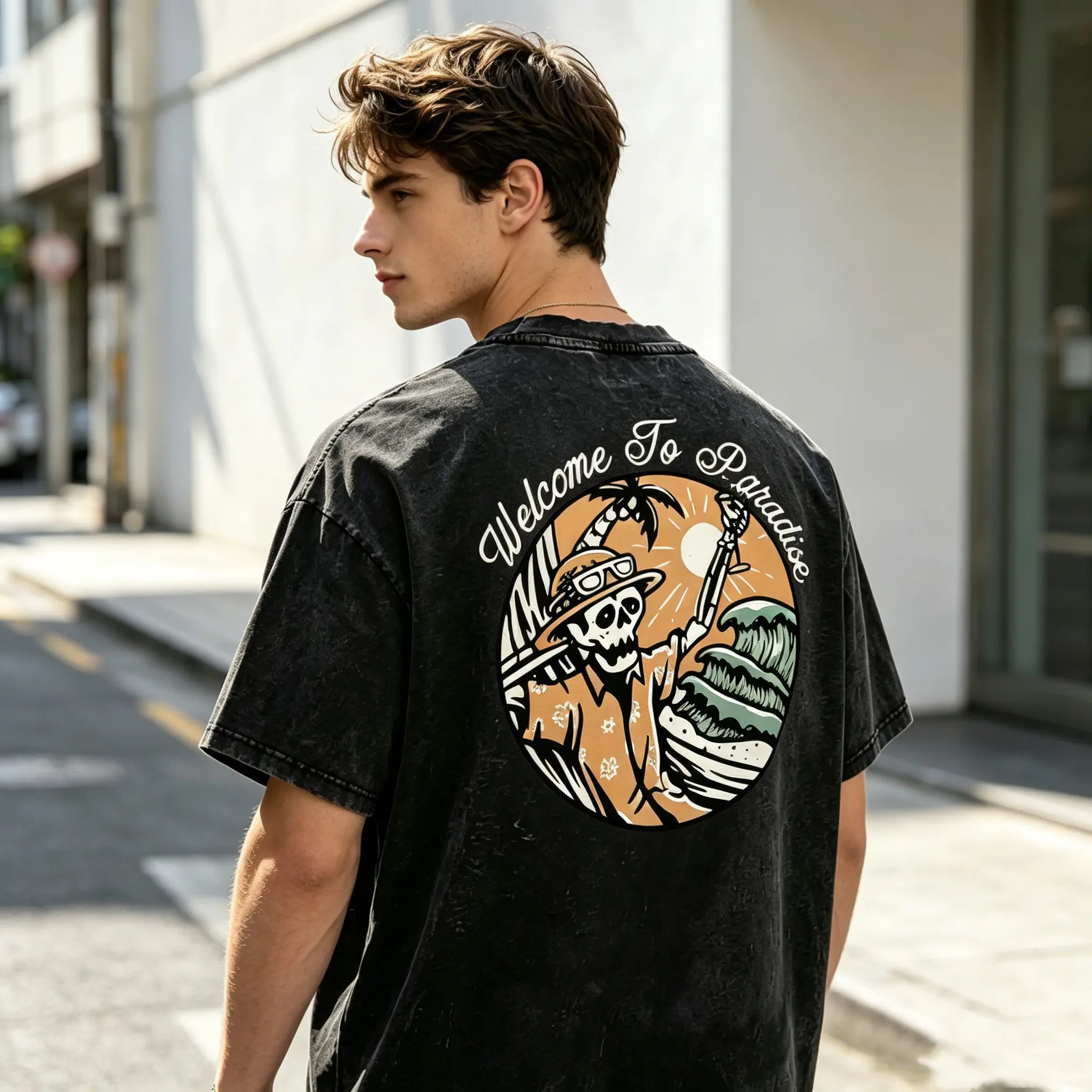 Men's 100% Pure Cotton Vintage Washed Oversized Short-Sleeve (Shortsleeve) Menswear Round Neck Tops Tee - Distressed Look, Back "Welcome To Paradise" Graphic, Skull Print, Casual Hip Hop Loose Fit, Machine Washable