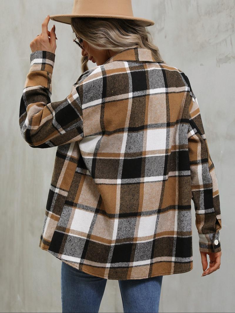Women's Plaid Print Button Drop Shoulder Shirt, Casual Long Sleeve Collared Coat for Daily Wear, Ladies Clothes for All Seasons