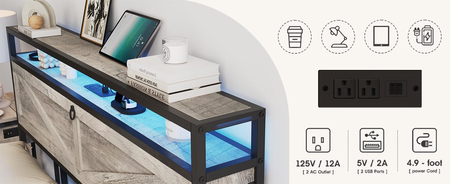 Vabches NO MATTRESS Bed Frame with Storage Ottoman and 2 Drawers, Farmhouse Metal Platform Bed with Headboard, LED Lights and Charging Station, No Box Spring Needed, Noise Free