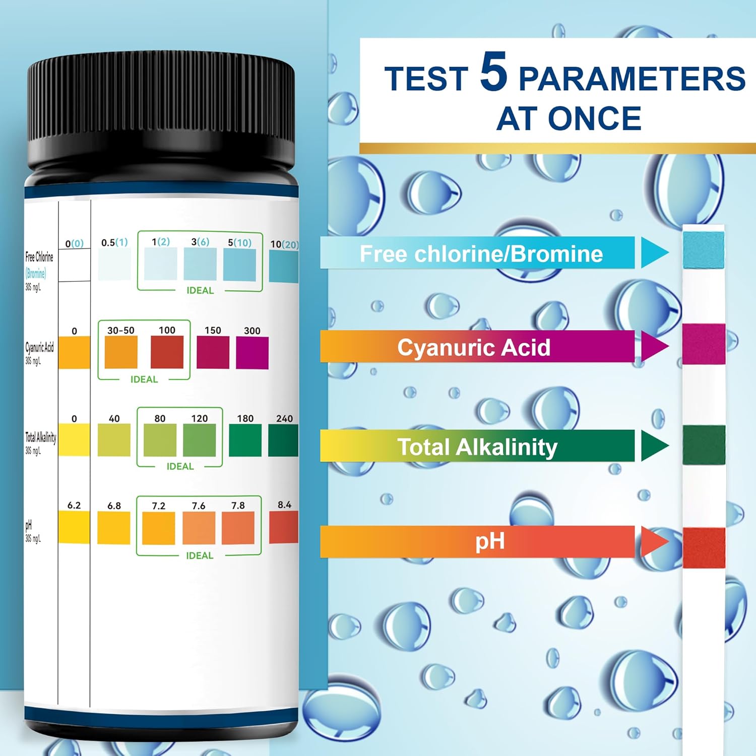 Pool Test Strips,100 Strips Pool and Hot Tub Test Strips, Swimming Pool Test Strips for  Alkalinity, pH, Free Chlorine(Bromine),Cyanuric Acid-Pool  Water Test -Quick and Accurate Results