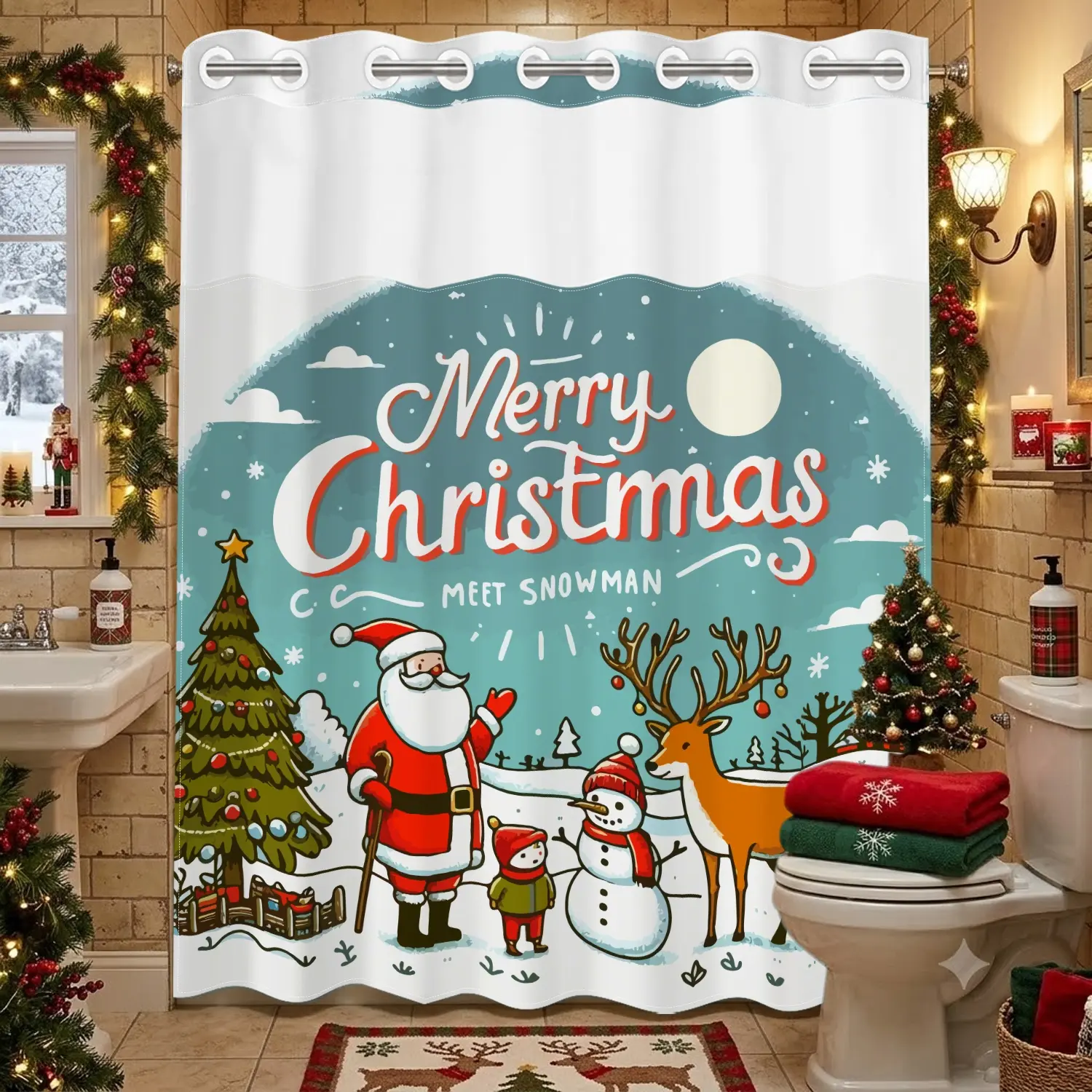 1PC Christmas Decorative Shower Curtain, celebrating the New Year with Santa Claus and Christmas tree, suitable for bathroom Christmas decoration, Christmas decoration, and perfect Christmas gifts