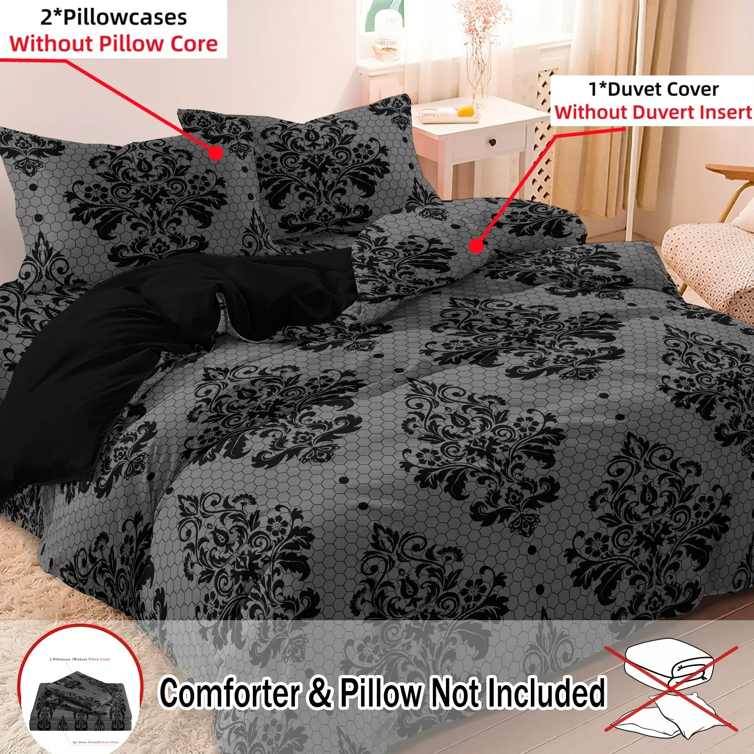 3Pcs Black Damask Floral Decorative Duvet Cover Set Gothic Bedding Set Soft Microfiber, Honeycomb Gray Base, All Sizes For Four Seasons  (Includes 1 Duvet Cover & 2 Pillowcases)