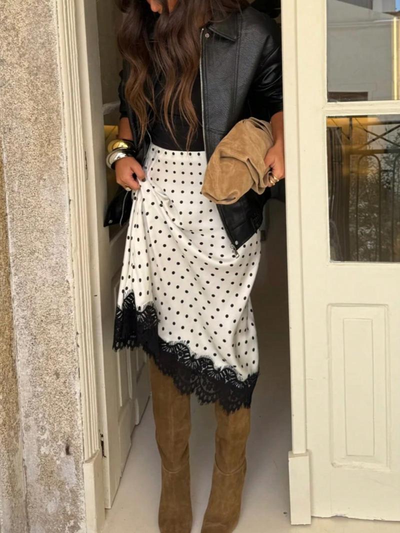 Women's Polka Dot Patchwork Colorblock Elegant Party Fabric Lace Trim Skirt, Vacation Beach Autumn Winter Fashion