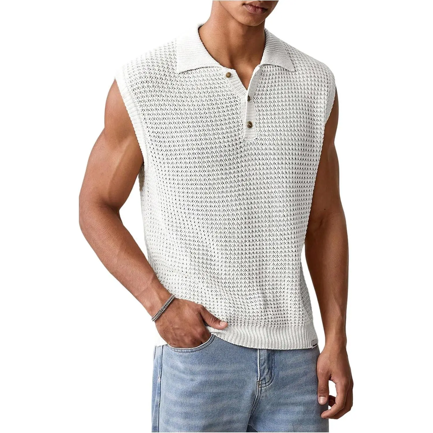 Men's Button Front Collared Crochet Sweater Vest Sleeveless Fitted Pullover Sweater