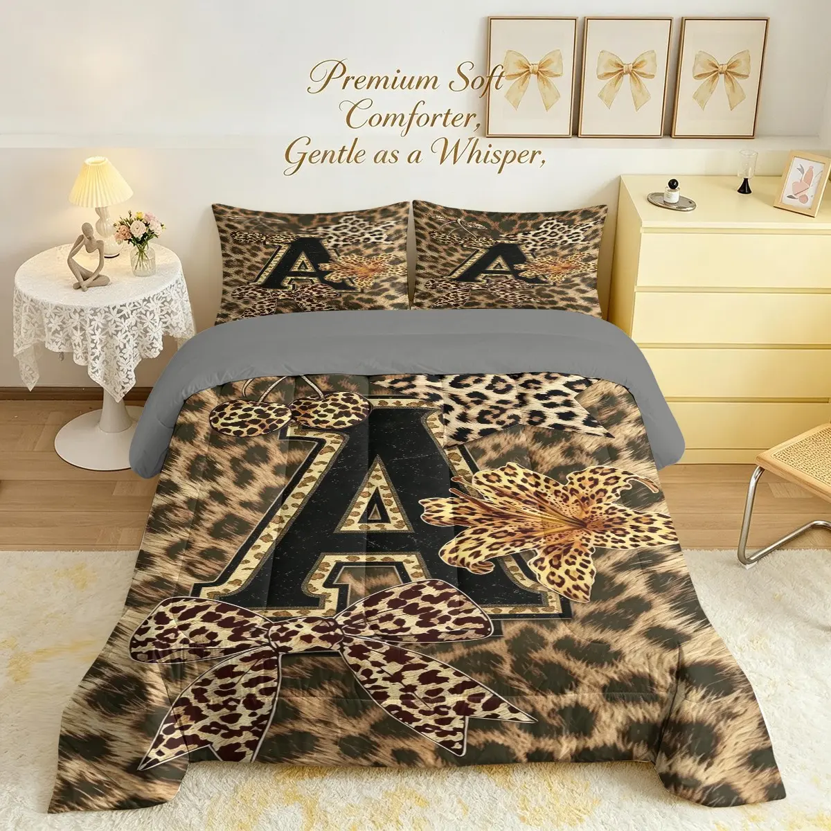 Vintage Leopard Initial A-Z Comforter Set, Leopard Bow Flower Cherry Quilt Set, (3Pcs:1 Comforter, 2 Pillowcase, Pillow Insert Not Included), All-Season Lightweight Bedding Set For Apartment