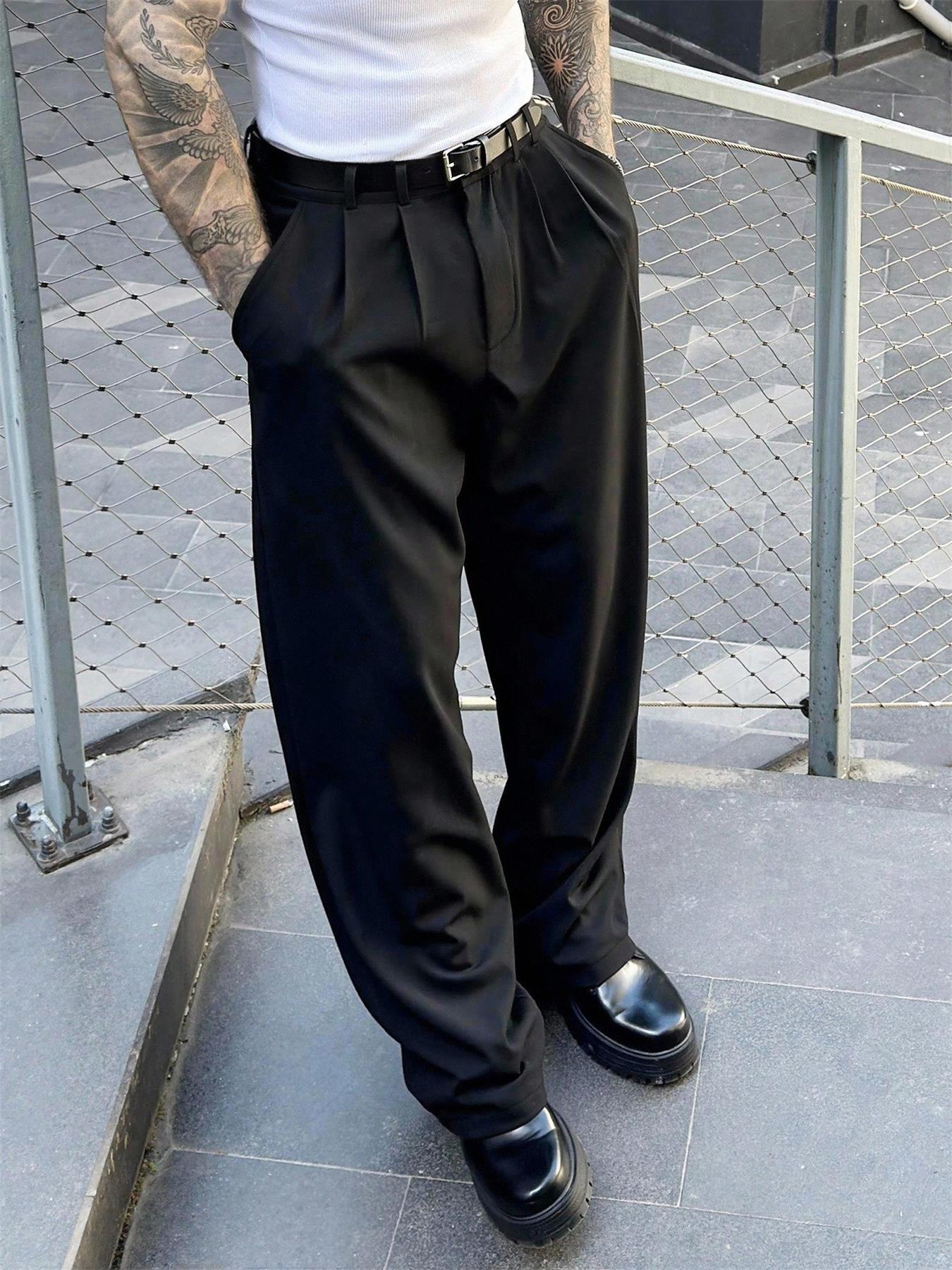 Men's Fashion Loose Fit Dress Pants Casual Solid Color Formal Suit Pants Elegant Wide Leg Elastic Waist Draping Effect Commuting Pants Work Life Clubwear Plain Flat-Front Business Office Pants