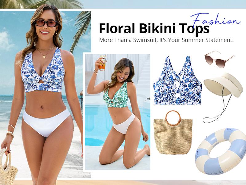 GRAPENT Bikini Top for Women Twisted Keyhole Padded Criss Cross Back Floral Print Beach Bathing Suits Swim Tops Only