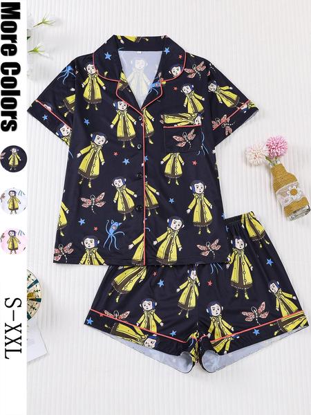 Women's Monkey Print Pajama Set, Short Sleeve Button Front Top & Elastic Shorts, Casual Home Wear, Comfortable Sleepwear, Loungewear