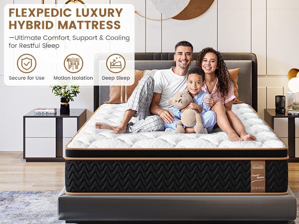 FlexPedic 10-14'' Hybrid Mattress, Twin Full Queen King Bed, Gel Memory Foam & Pocket Springs for Pressure Relief, Cozy Rest Bedroom