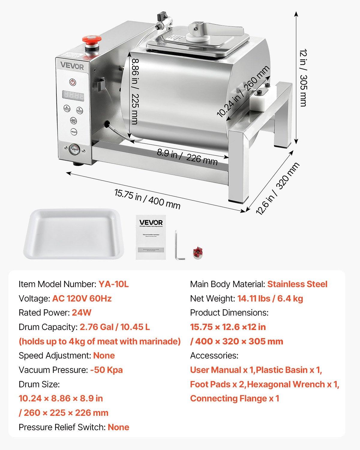 VEVOR Meat Tumbler Marinator, 10L Vacuum Tumbler Marinating Machine with Automatic Bidirectional Rotation, Stainless Steel Vacuum Curing Machine for Chicken Steak Pork, Home & Commercial Use