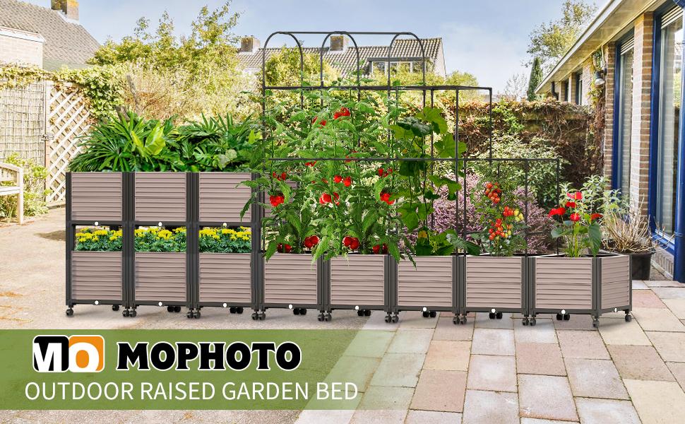 MOPHOTO Raised Garden Bed Planter Box with Trellis for Climbing Vegetables Plants, Tomatoes Planters Outdoor Tomato Cage with Wheels, Indoor Outdoor Use