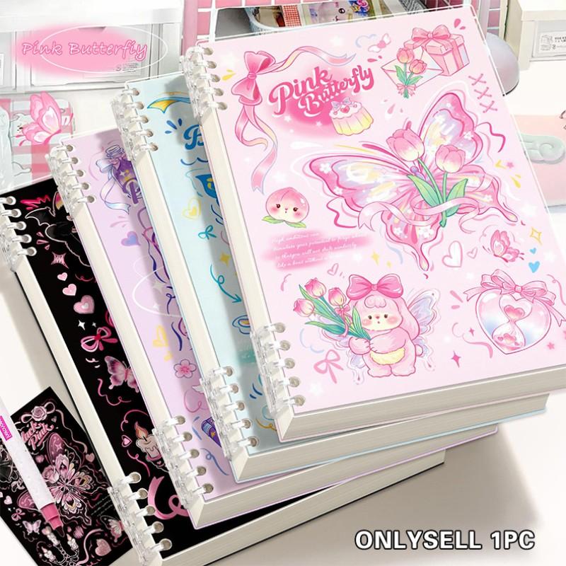 A loose-leaf notebook, Loose leaf notepad, with a beautiful butterfly design, featuring cute pink, blue butterfly covers, thick pages to prevent inkpage, suitable for detailed notes, schoolwork, and personal diaries, Spiral Notebook