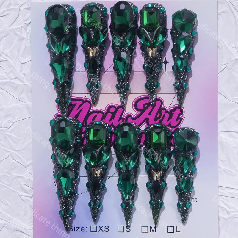 Delicatething Y2K Style Long Pointed Nails, Handmade Gem Silver Color Glitter Design, Perfect for Parties & Dates, Best Gift for Girls!