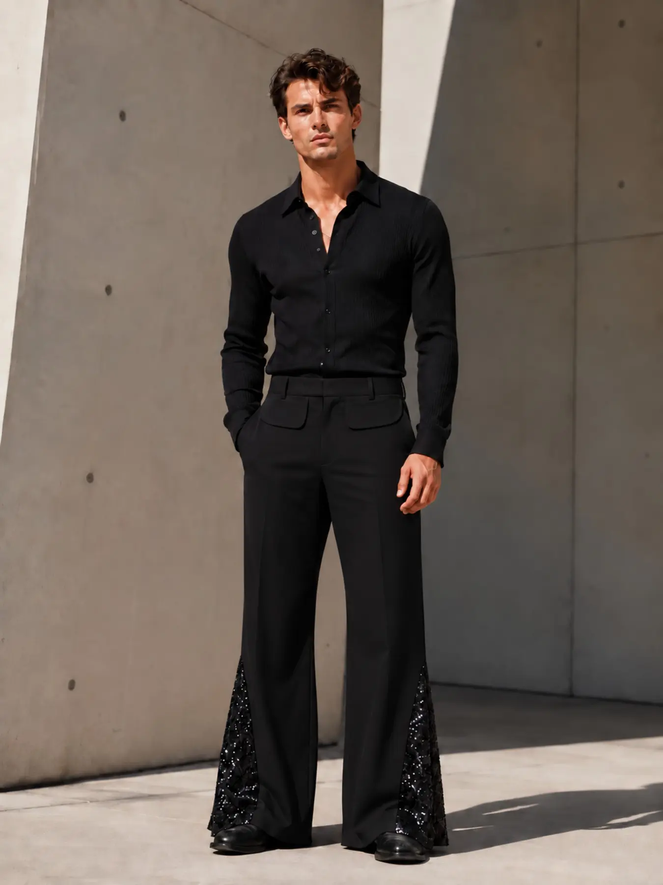 Men's Sequined Pants, Fashion Trendy Wide Leg Pants, Casual Loose Comfy, Casual Trousers, Retro Style, Unlined, Perfect for Casual Wear, Stylish and Comfortable