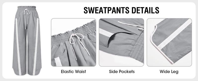 JovenPara Women's Baggy Wide Leg Pants Contrast Color High Elastic Waisted Casual Loose Fit Trousers Drawstring Workout Track Pants with Pockets