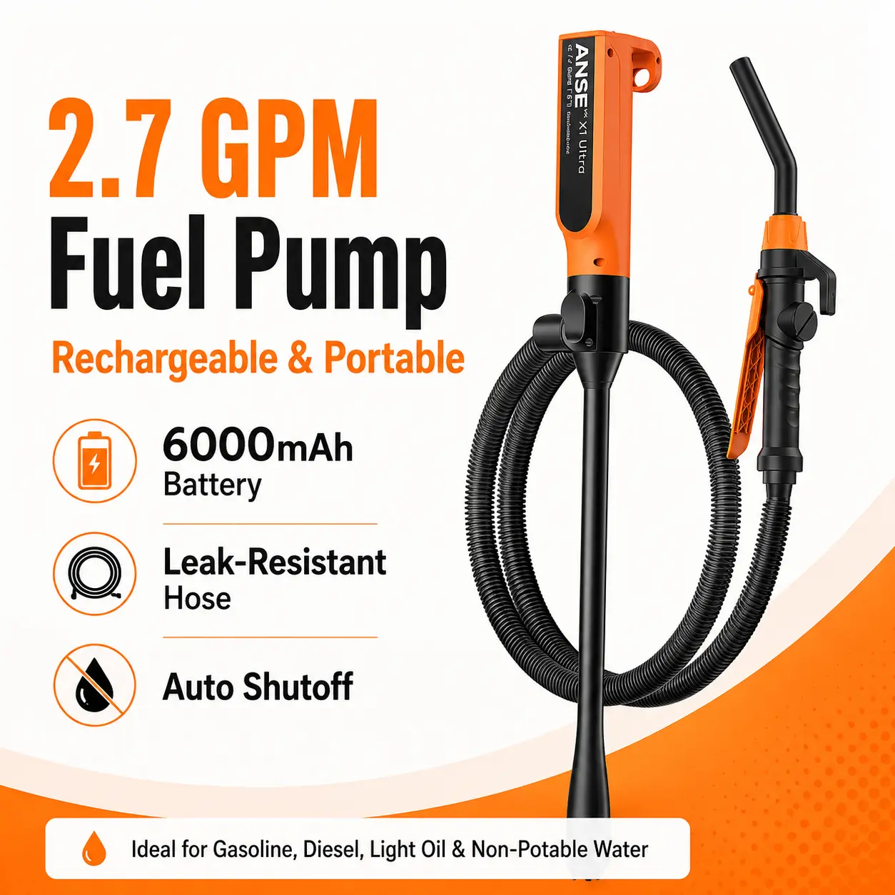 Portable Electric Fuel Transfer Pump, 6000mAh Rechargeable Pack, 2.7 GPM High-Speed Flow, Charging Safety Protection, Fuel/Water Pumps for Vehicles, Campers, Outdoor Equipment