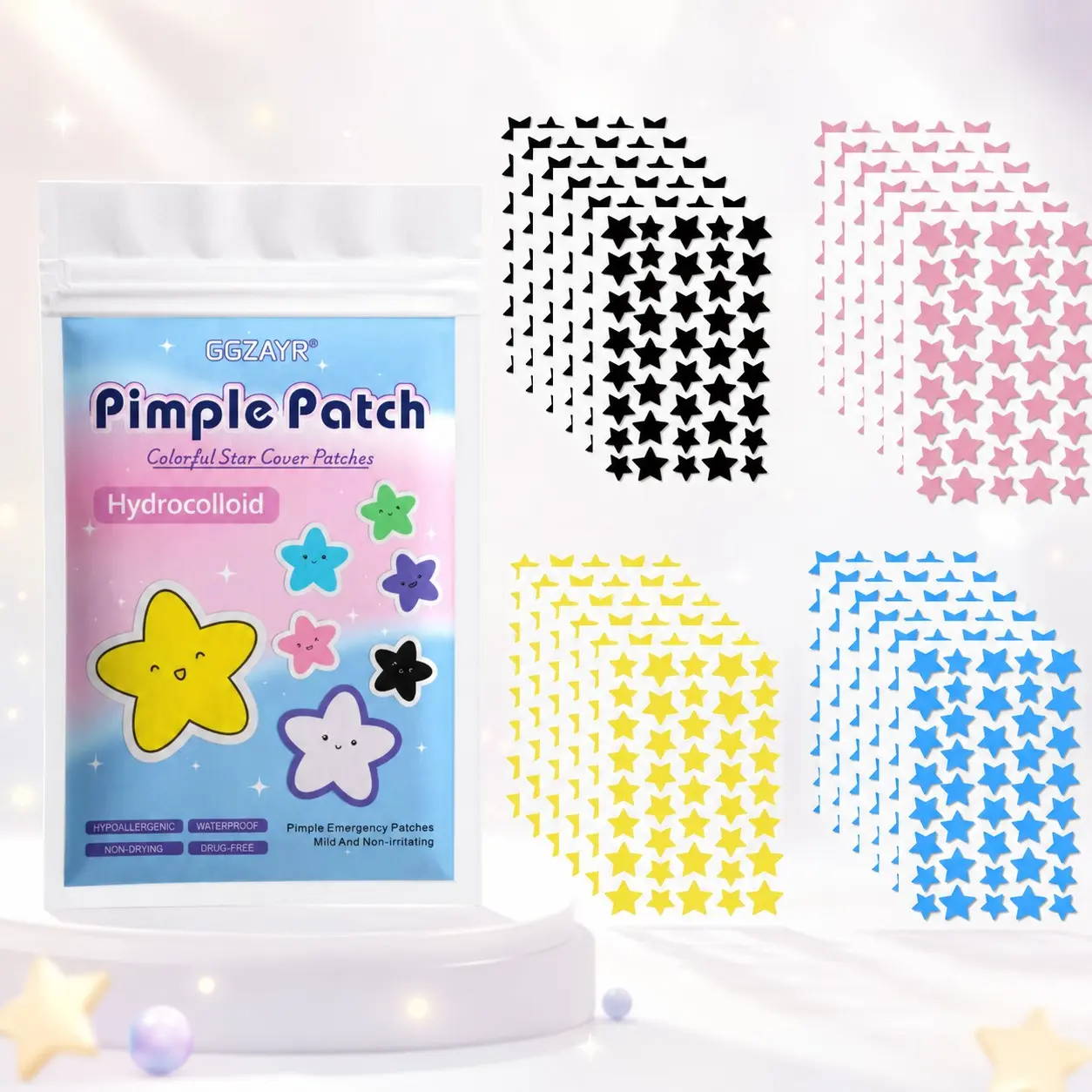 960Pcs Four-Color Star Pimple Patch Wardrobe, 24 Sheets with 40 Patches Each in Black, Pink, Yellow and Blue, A Bold-to-Sweet Collection for Concert Nights, Birthday Photos, School Days, Sleepovers, Travel Pouches and Friend Sharing