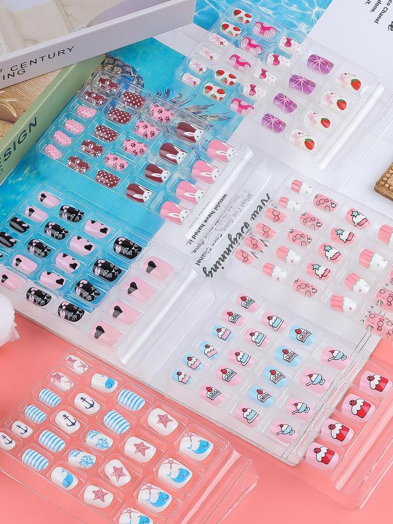 Kalolary 144PCS kids False Nail, Press on Pre-glue Full Cover Candy Pattern Short False Nail Kits,6Pack Press on Nails for Candy Child Nail Tips ,Holiday Gifts Lovely Gift for Kids Little Girls Nail Art Decoration Mommy & Me Valentine Nails Kit