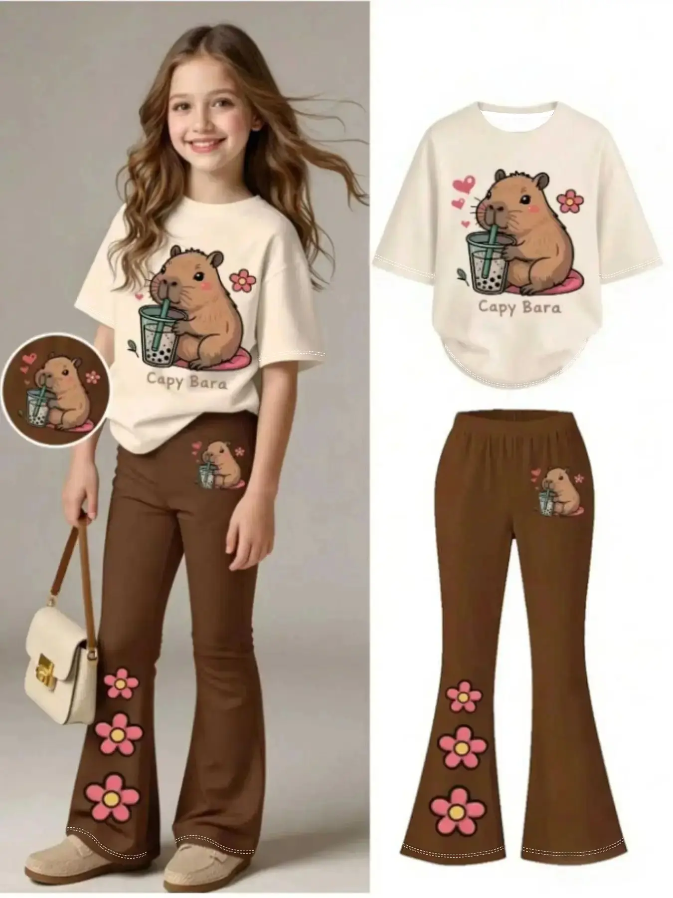 Women's Casual Fashion Fitted Graphic Print Set, Spring Summer Fall, Heart Flower Letter Cute Cartoon Prints, Outdoor Leisure Party Gift, Outfit, Clothes