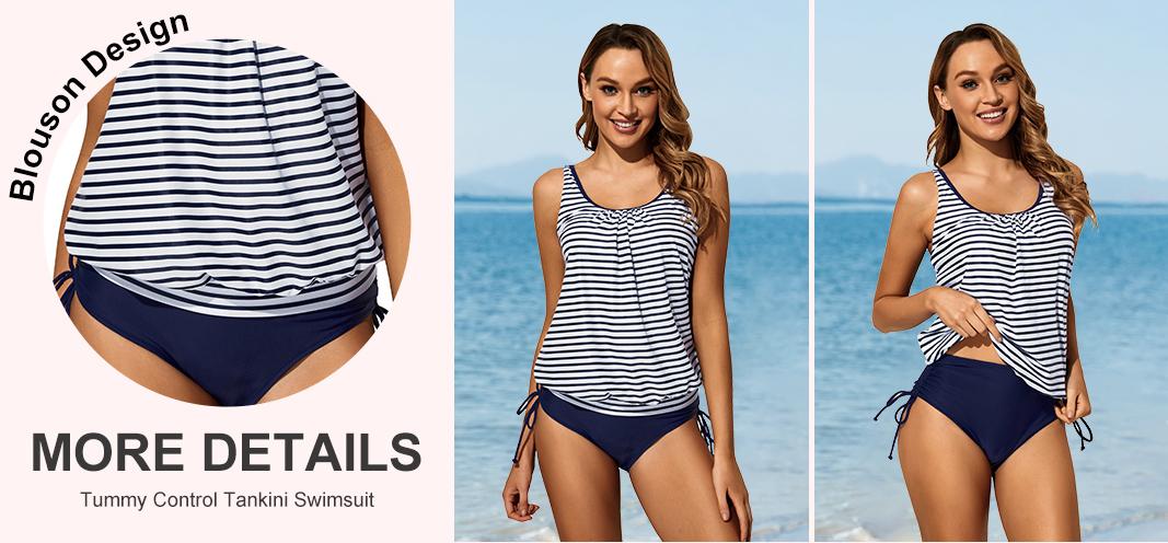 Holipick Two Piece Blouson Tankini Swimsuits for Women Tummy Control Bathing Suits Modest Tankini Top with Bikini Bottom