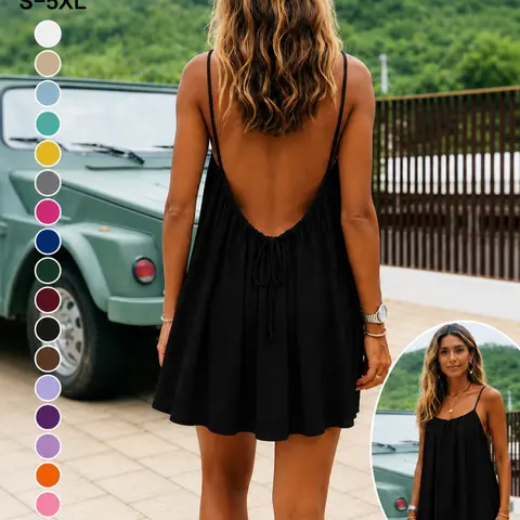 Women's Backless Slip Mini Sundress, Sleeveless Chic Casual Loose Summer Loungewear, Beach Party & Vacation Outfit