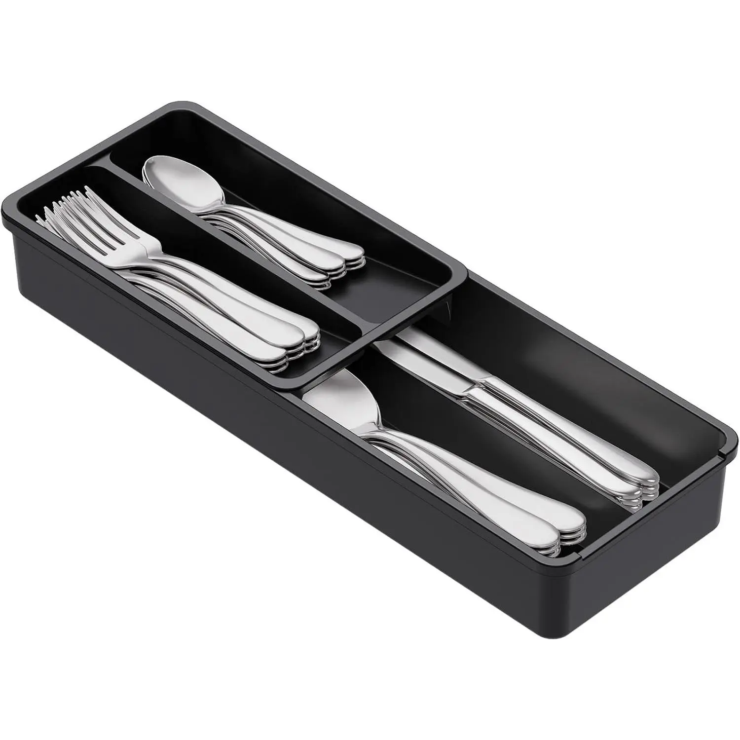 Compact Silverware Organizer for Kitchen Drawer, Narrow Flatware Tray Holder, Plastic Cutlery Spoons, Forks and Knives Storage, Black, 1 Pack
