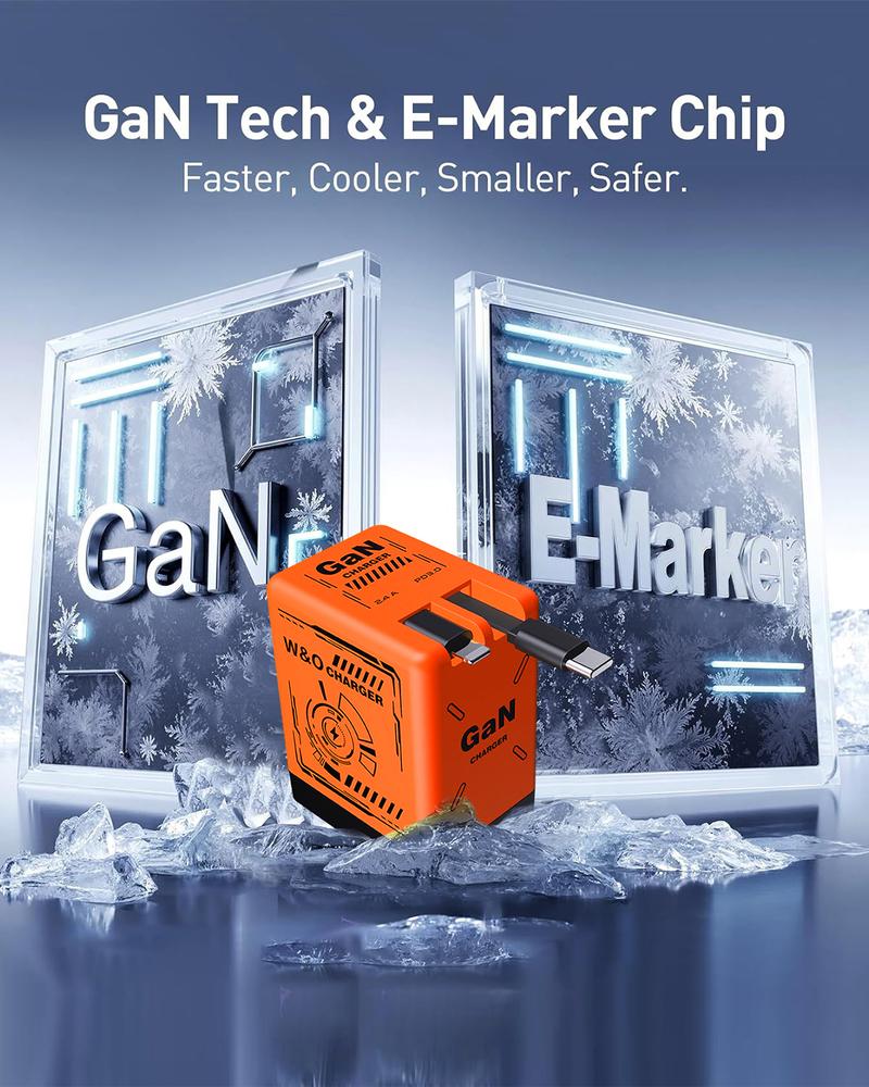 W&O Portable GaN Fast Charger,Compatible with 120W GaN Fast Charging  W/ Retractable 2 Cable (USB-C & Lightning) - Fast Charging for iPhone 15, Samsung, Gaming, Travel & Office - Universal Compact Travel Charger-Father's Day Gifts