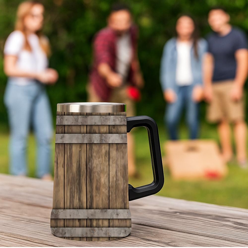1pc 24oz Barrel Texture Stainless Steel Beer Mug With Big Handle, Vintage Rustic Wood Barrel Print Double Wall Insulated Travel Coffee Beer Cup, Leakproof Large Capacity Water Tumbler For Bar Pub Camping, Retro Western Gift For Men Beer Lovers