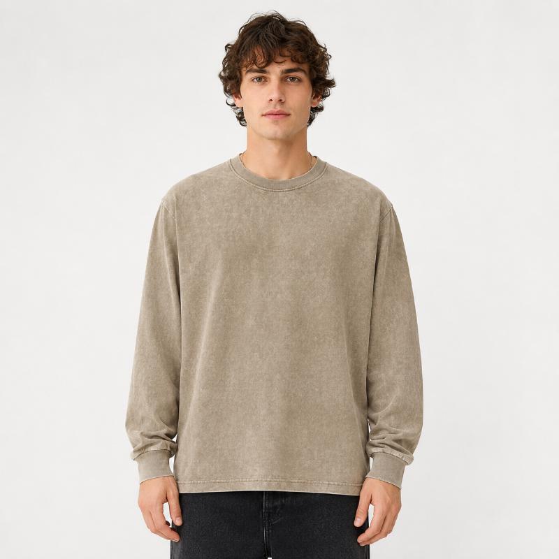 Men's Long Sleeve Crew Neck T Shirts 1/4 Pack, Vintage Washed Casual Tops, Pure Cotton Basic Shirts, Distressed Retro Style Tees, Loose Fit Pullover Clothing, Daily Wear Essential, Streetwear Inspired Fashion Outfit
