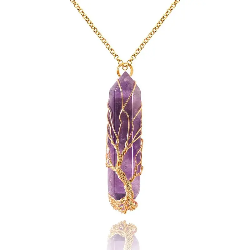 Healing Crystal Tree of Life Gem Pendant Necklace, Wire-Wrapped Natural Stone Point Hexagonal Reiki Spiritual Quartz Jewelry for Women Men