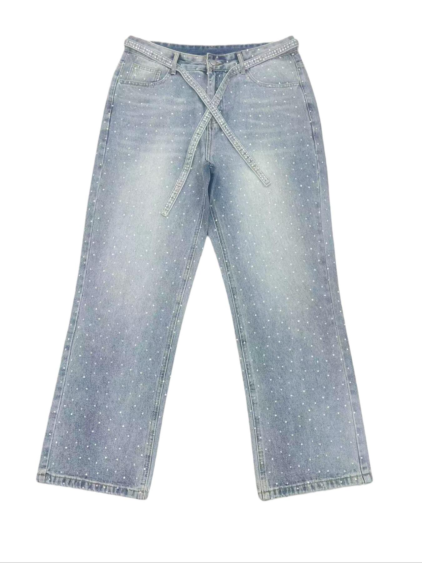 Men's Light Blue Rhinestone Loose Jeans, Full Embellished Bling Effect, Perfect Gift for Shiny Boyfriend, Street Style, All Seasons