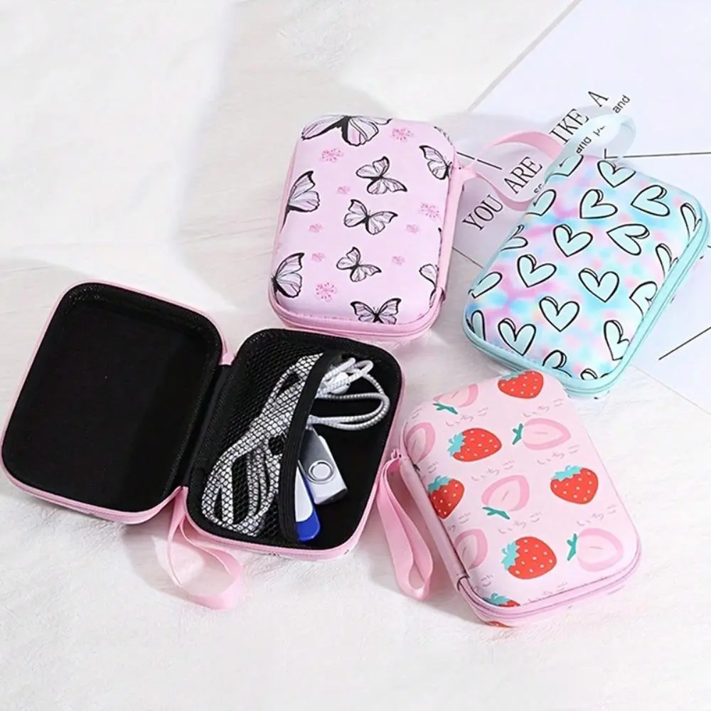 Printed Hard Shell Headphone Case - Slim Travel Organizer for Anti-Tangle Cable Management, Charging Cords, Adapters & Small Power Banks, Commuting, Lightweight, Portable, Electronic, Elastic Loops, Casual, New Pink Leopard Print Bow (11 * 8 * 4 Packets)
