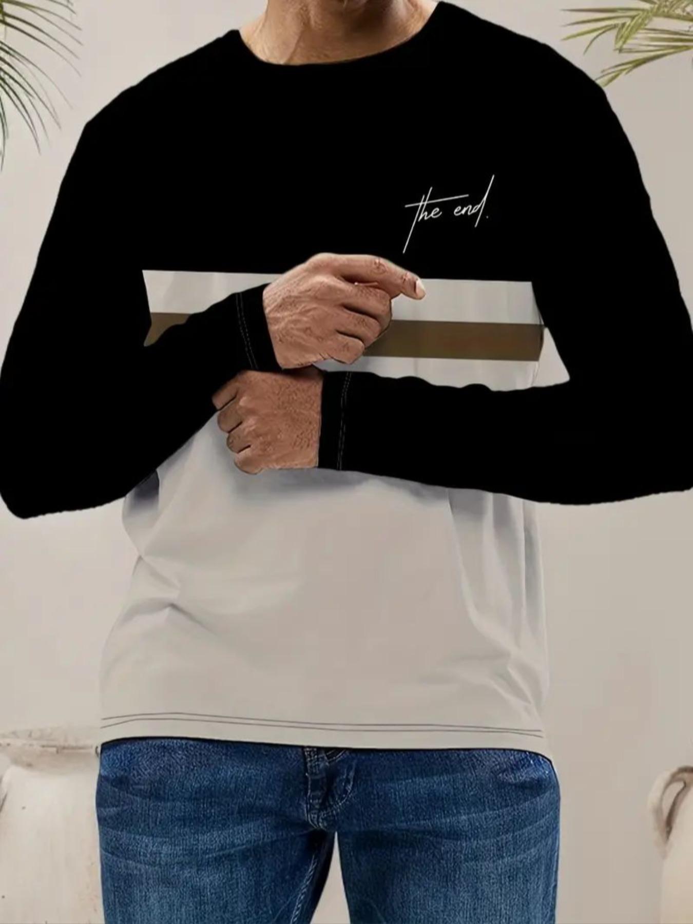 Men's Casual Long Sleeve Round Neck T-Shirt, Polyester Knit Fabric, Regular Fit, Striped Pattern, Fall & Winter Wear, Knitwear