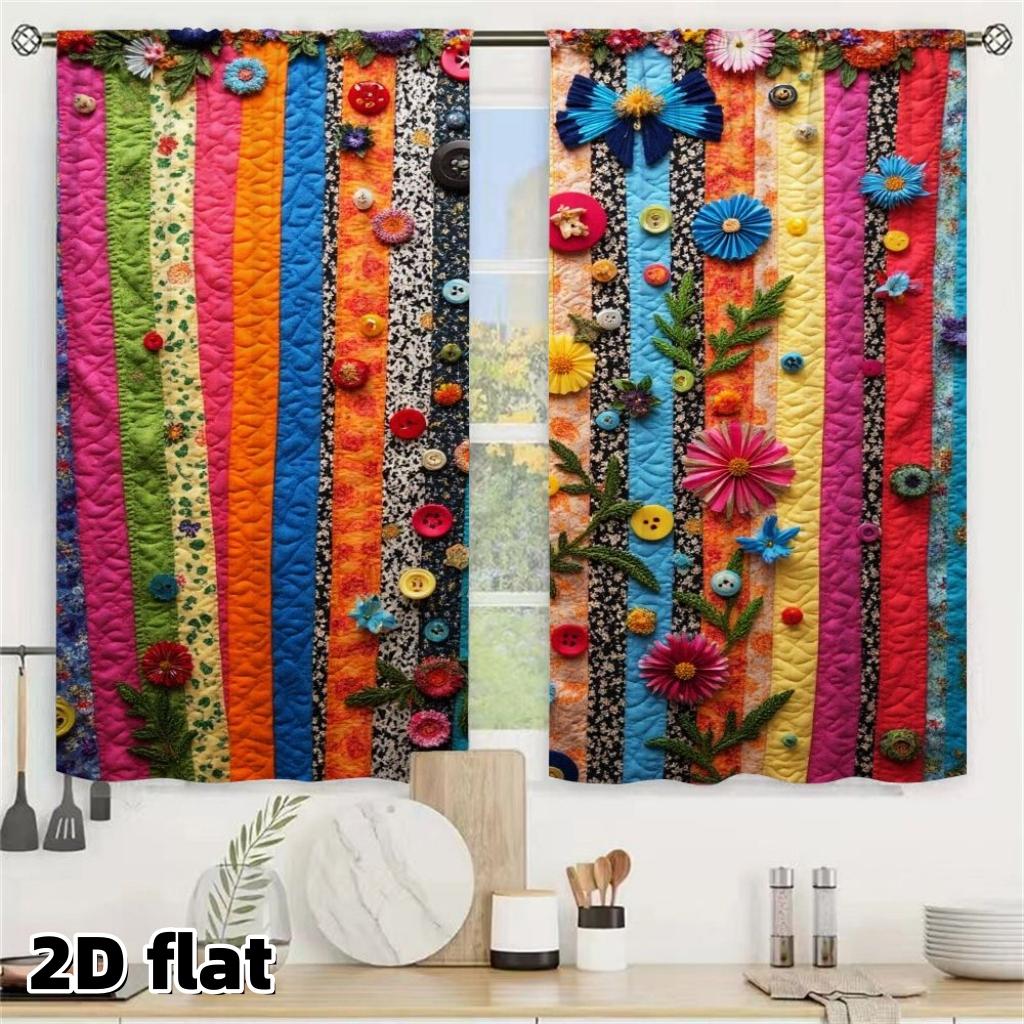 2D Flat 2Pcs Quilted Patchwork Curtains, Multicolored Stripe Design with Button Flower Decorations, Rod Pocket Style, Polyester Fabric, Boho Chic Home Decor, Semi Sunshade, Suitable for Living Room Bedroom Window, Handcrafted Bohemian.