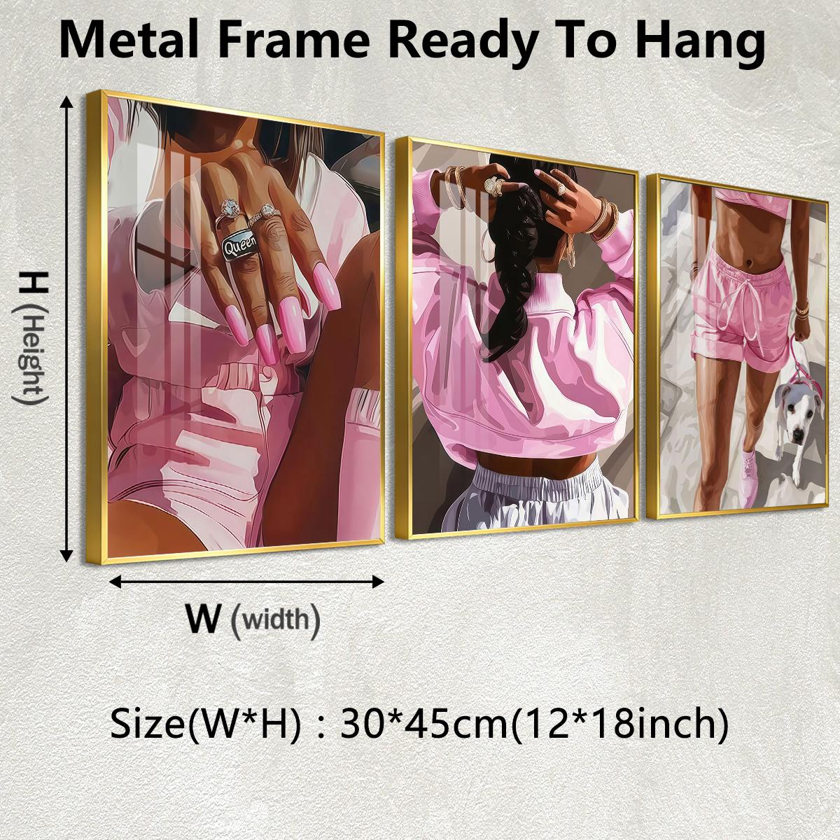 3 Counts Aluminum Alloy Framed Painting, Pink Fashion Woman With Dog And Jewelry Pictures, Home Decoration For Living Room, Bedroom, Office, Restaurant, Hallway Wall Decor, Odorless Print Artwork, Luxury Perfect Gift For Friends And Family