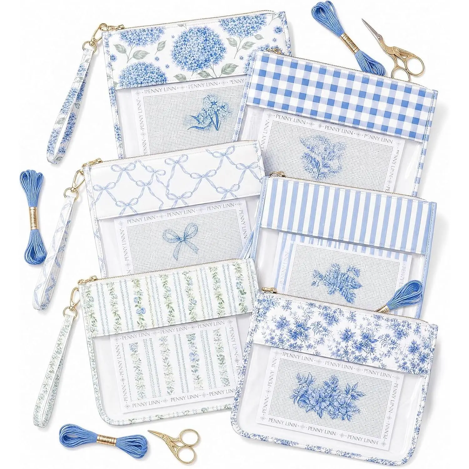 6 Pack Blue Floral Needlepoint Project Bag Bow Sew Project Bags 11.8" x 9" Clear Waterproof Zipper Pouches Sewing Craft Organizer Storage Gift for Embroidery Quilter Crafter Art Stitching