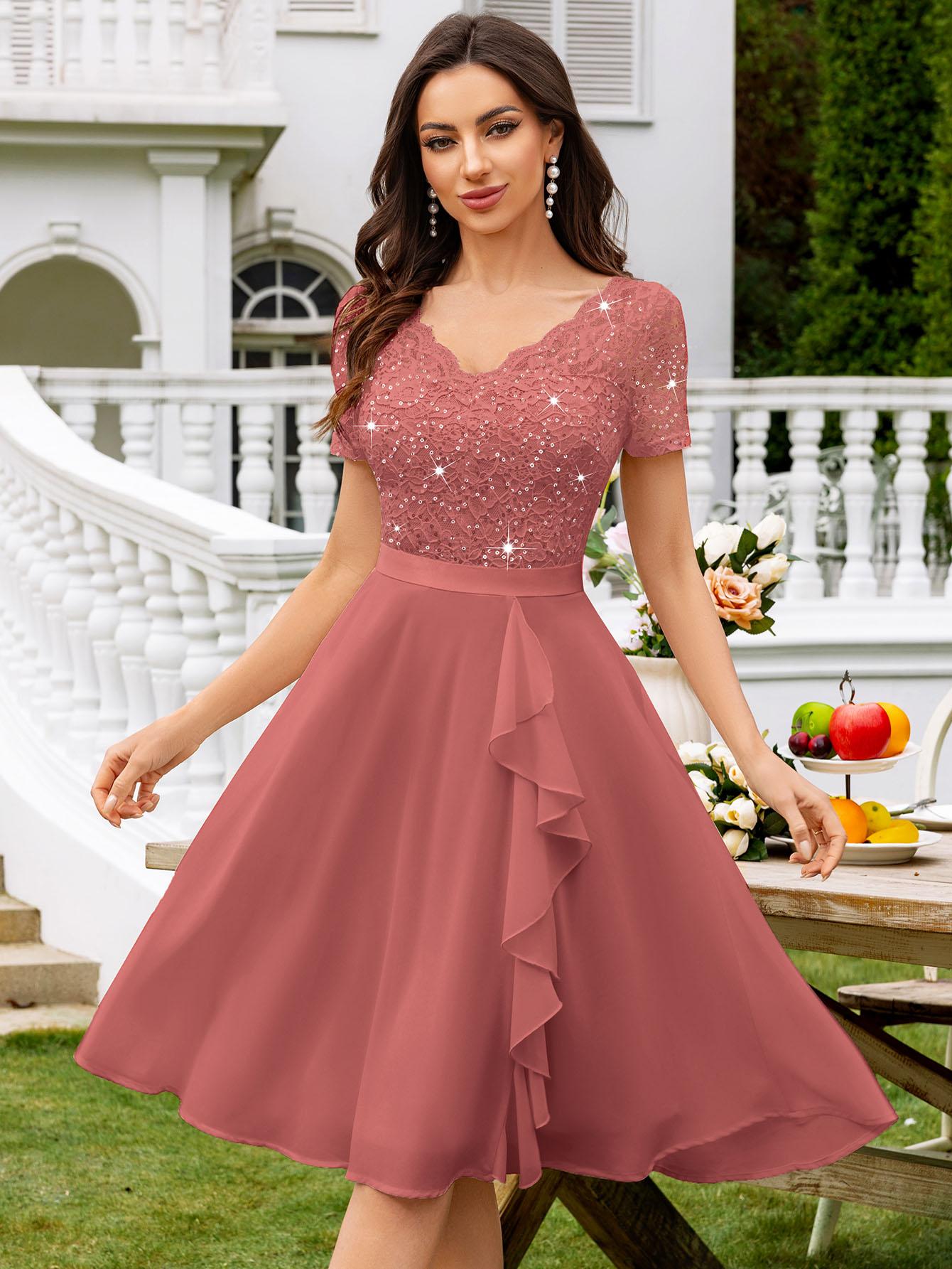 MIUSOL 24224 VNeck Contrast Lace Solid Shortsleeve Sequin Insert Ruffle Trim Chiffon Cocktail Party Swing Dress