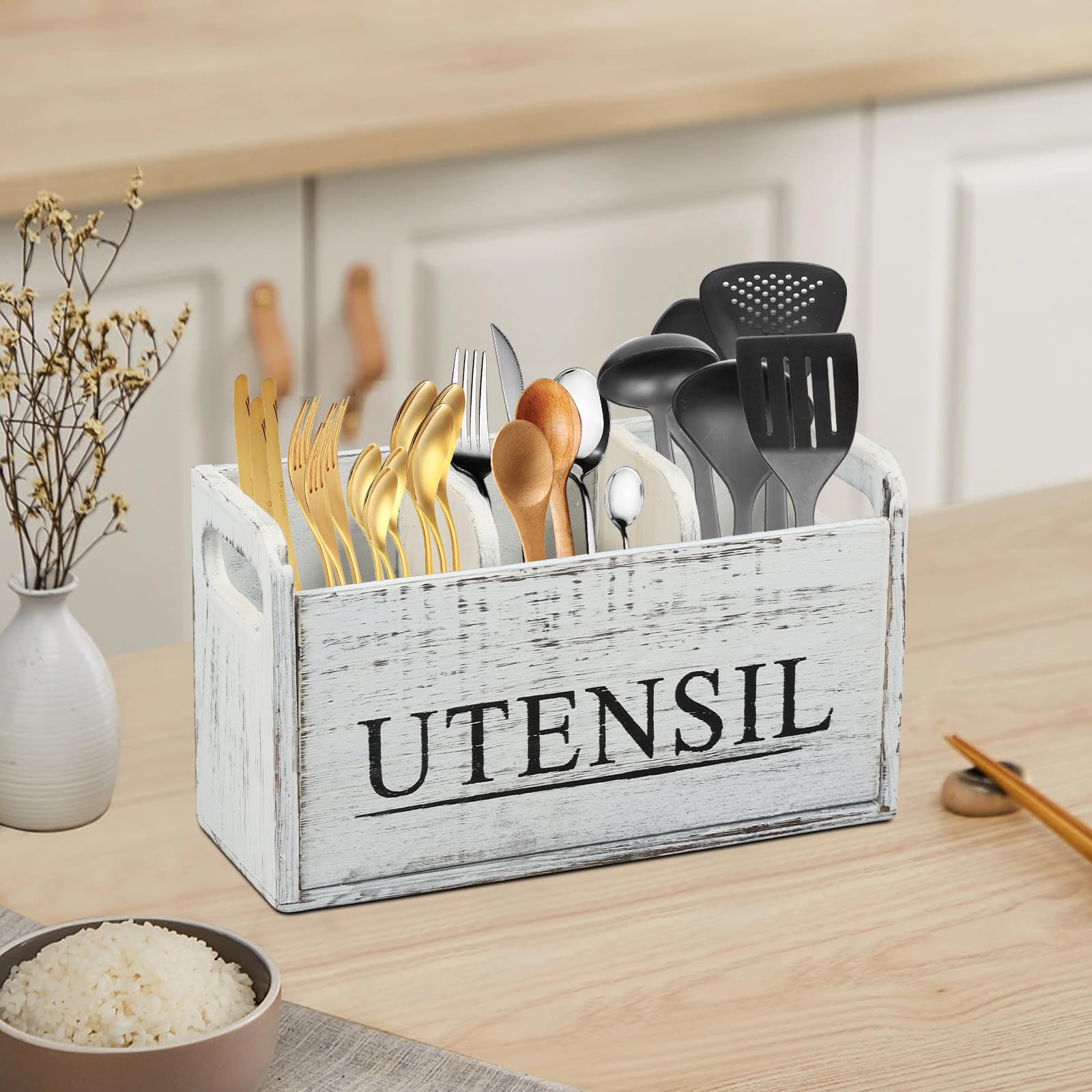 Wooden Kitchen Utensil Holder, 1 Count Large Utensil Organizer, Cooking Tools Storage Rack, Kitchen Utensils Storage Box, Kitchen Pantry Storage
