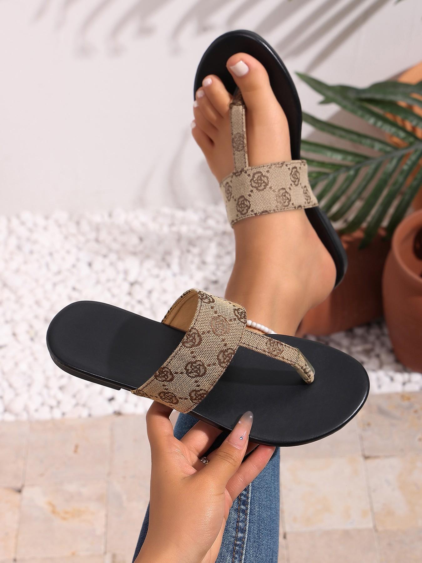 Women's Flat Thong Sandals Monogram Print Open Toe Spring Easter Casual Slip-On Vacation Shoes