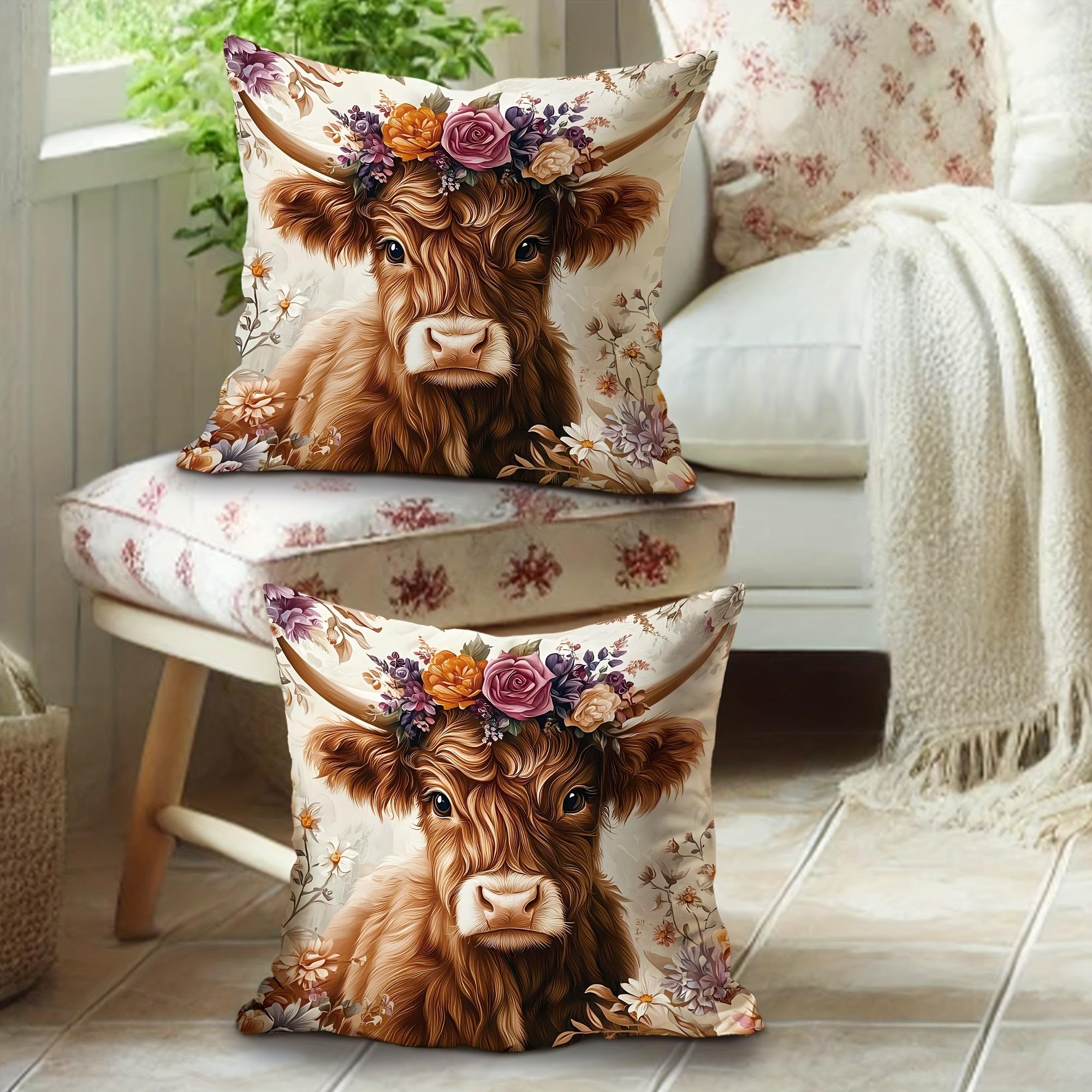 Farmhouse Style Highland Cow Plant Flower Pattern Decorative Pillow Covers, 2-Pack, Invisible Zipper, Easy Clean, Home Decor