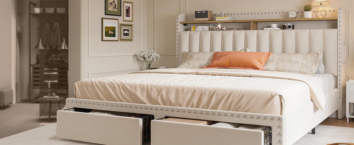 Bed Frame with 2 Drawers, MATTRESS NOT INCLUDED, Bedframe with Headboard and Storage, Upholstered Bed Frame with Storage, No Mattress, NO Noise, No Box Spring Needed Bed Frame with 2 Drawers, MATTRESS NOT INCLUDED, Bedframe with Headboard and Storage, Upholstered Bed Frame with Storage, No Mattress, NO Noise, No Box Spring Needed