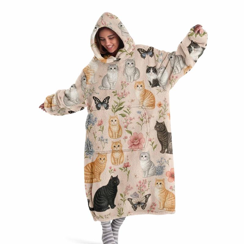 hoodie blanket, Wearable Blanket\Cute Cat Digital Print Flannel Blanket, Wearable Hooded Throw, Cozy Hooded Blanket, Soft Warm Blanket for Sofa, Home Leisure, Air Conditioning, Camping Travel\Christmas Gift,Valentine's Day gift