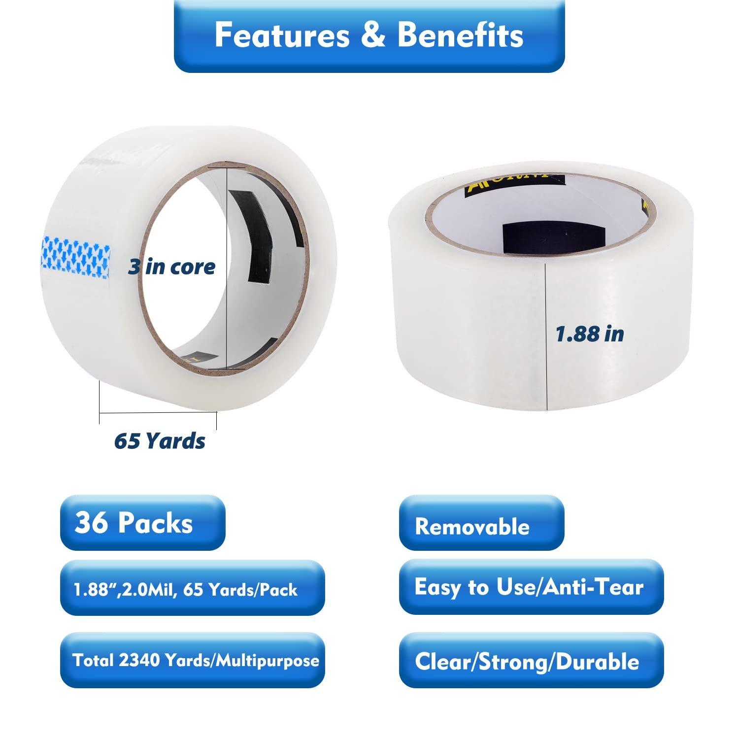 Packing Tape Heavy Duty Refill 36 Rolls Sealing for Packing Box Shipping and Moving Supplies Packaging 1.88" x 65 Yards 3" Core 2.0 Mil Thick Adhesive Packing Tape Heavy Duty Refill 36 Rolls Sealing for Packing Box Shipping and Moving Supplies Packaging 1.88" x 65 Yards 3" Core 2.0 Mil Thick Adhesive