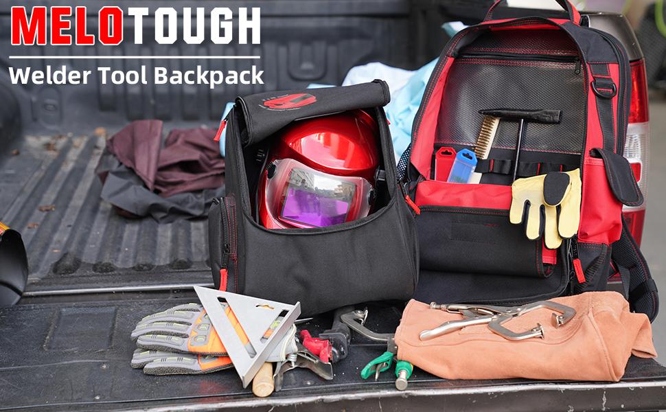 MELOTOUGH Welding Tool backpack Extreme Gear Pack with Large Capacity Helmet Holder Luggage Storage Bag(Red） multi-functional tool hammer holder